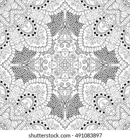 Tracery seamless calming pattern. Mehndi design. Ethnic monochrome binary doodle texture. Curved doodling black and white background. Vector.