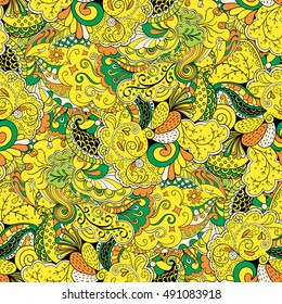 Tracery seamless calming pattern. Mehndi design. Ethnic colorful doodle texture. Curved doodling background. Vector.
