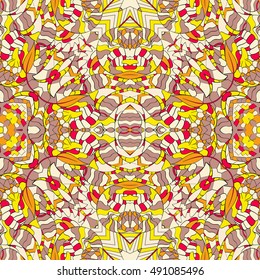 Tracery seamless calming pattern. Mehndi design. Ethnic colorful doodle texture. Curved doodling background. Vector.