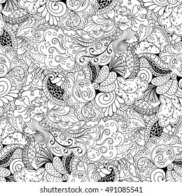 Tracery seamless calming pattern. Mehndi design. Ethnic monochrome binary doodle texture. Curved doodling black and white background. Vector.
