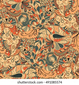 Tracery seamless calming pattern. Mehndi design. Ethnic colorful doodle texture. Curved doodling background. Vector.