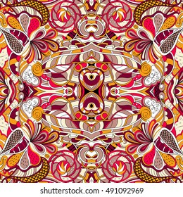 Tracery seamless calming pattern. Mehndi design. Ethnic colorful doodle texture. Curved doodling background. Vector.