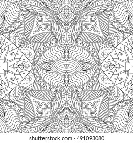 Tracery seamless calming pattern. Mehndi design. Ethnic monochrome binary doodle texture. Curved doodling black and white background. Vector.