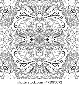 Tracery seamless calming pattern. Mehndi design. Ethnic monochrome binary doodle texture. Curved doodling black and white background. Vector.