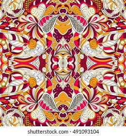 Tracery seamless calming pattern. Mehndi design. Ethnic colorful doodle texture. Curved doodling background. Vector.