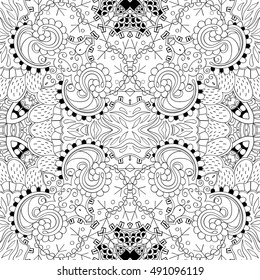 Tracery seamless calming pattern. Mehndi design. Ethnic monochrome binary doodle texture. Curved doodling black and white background. Vector.