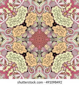 Tracery seamless calming pattern. Mehndi design. Ethnic colorful doodle texture. Curved doodling background. Vector.