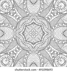 Tracery seamless calming pattern. Mehndi design. Ethnic monochrome binary doodle texture. Curved doodling black and white background. Vector.