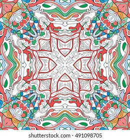 Tracery seamless calming pattern. Mehndi design. Ethnic colorful doodle texture. Curved doodling background. Vector.