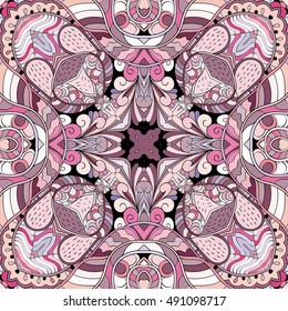 Tracery seamless calming pattern. Mehndi design. Ethnic colorful doodle texture. Curved doodling background. Vector.
