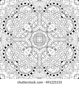Tracery seamless calming pattern. Mehndi design. Ethnic monochrome binary doodle texture. Curved doodling black and white background. Vector.