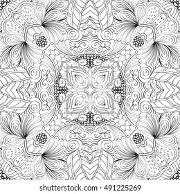 Tracery seamless calming pattern. Mehndi design. Ethnic monochrome binary doodle texture. Curved doodling black and white background. Vector.