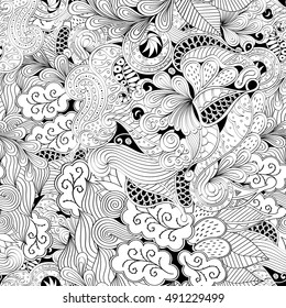Tracery seamless calming pattern. Mehndi design. Ethnic monochrome binary doodle texture. Curved doodling black and white background. Vector.