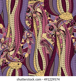 Tracery seamless calming pattern. Mehndi design. Ethnic colorful doodle texture. Curved doodling background. Vector.
