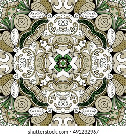 Tracery seamless calming pattern. Mehndi design. Ethnic colorful doodle texture. Curved doodling background. Vector.