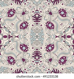 Tracery seamless calming pattern. Mehndi design. Ethnic colorful doodle texture. Curved doodling background. Vector.