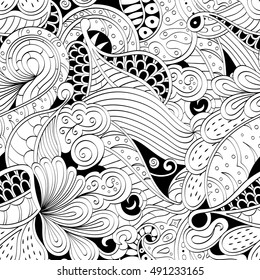 Tracery seamless calming pattern. Mehndi design. Ethnic monochrome binary doodle texture. Curved doodling black and white background. Vector.