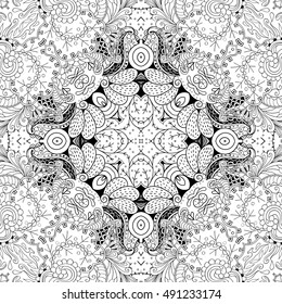 Tracery seamless calming pattern. Mehndi design. Ethnic monochrome binary doodle texture. Curved doodling black and white background. Vector.