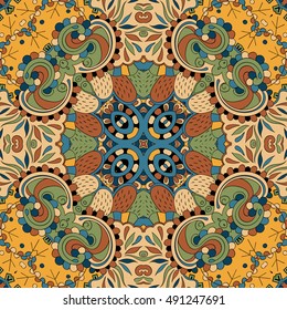 Tracery seamless calming pattern. Mehndi design. Ethnic colorful doodle texture. Curved doodling background. Vector.