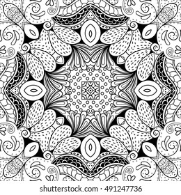 Tracery seamless calming pattern. Mehndi design. Ethnic monochrome binary doodle texture. Curved doodling black and white background. Vector.