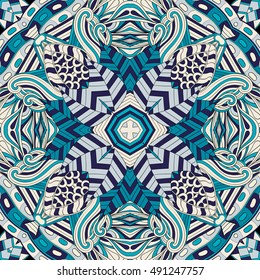 Tracery seamless calming pattern. Mehndi design. Ethnic colorful doodle texture. Curved doodling background. Vector.