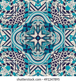 Tracery seamless calming pattern. Mehndi design. Ethnic colorful doodle texture. Curved doodling background. Vector.