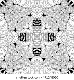 Tracery seamless calming pattern. Mehndi design. Ethnic monochrome binary doodle texture. Curved doodling black and white background. Vector.