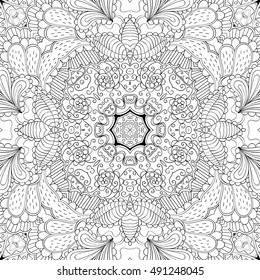 Tracery seamless calming pattern. Mehndi design. Ethnic monochrome binary doodle texture. Curved doodling black and white background. Vector.