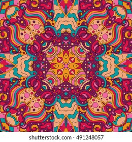 Tracery seamless calming pattern. Mehndi design. Ethnic colorful doodle texture. Curved doodling background. Vector.