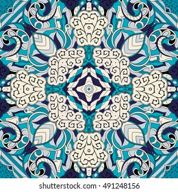 Tracery seamless calming pattern. Mehndi design. Ethnic colorful doodle texture. Curved doodling background. Vector.