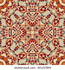Tracery seamless calming pattern. Mehndi design. Ethnic colorful doodle texture. Curved doodling background. Vector.