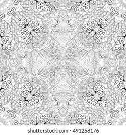 Tracery seamless calming pattern. Mehndi design. Ethnic monochrome binary doodle texture. Curved doodling black and white background. Vector.