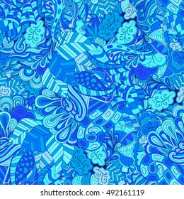Tracery seamless calming pattern. Mehndi design. Ethnic colorful doodle texture. Curved doodling background. Vector.