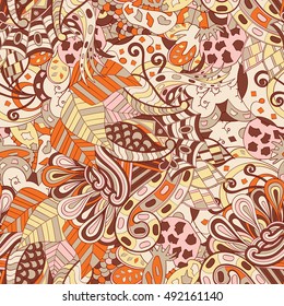 Tracery seamless calming pattern. Mehndi design. Ethnic colorful doodle texture. Curved doodling background. Vector.