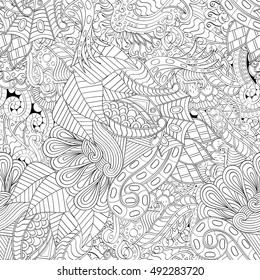 Tracery seamless calming pattern. Mehndi design. Ethnic monochrome binary doodle texture. Curved doodling black and white background. Vector.
