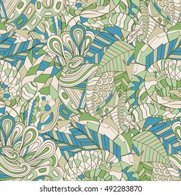 Tracery seamless calming pattern. Mehndi design. Ethnic colorful doodle texture. Curved doodling background. Vector.
