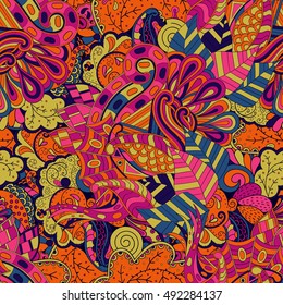 Tracery seamless calming pattern. Mehndi design. Ethnic colorful doodle texture. Curved doodling background. Vector.
