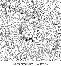Tracery seamless calming pattern. Mehndi design. Ethnic monochrome binary doodle texture. Curved doodling black and white background. Vector.