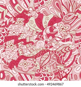 Tracery seamless calming pattern. Mehndi design. Ethnic colorful doodle texture. Curved doodling background. Vector.