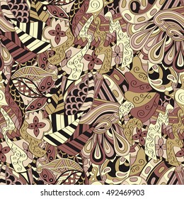 Tracery seamless calming pattern. Mehndi design. Ethnic colorful doodle texture. Curved doodling background. Vector.