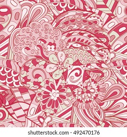 Tracery seamless calming pattern. Mehndi design. Ethnic colorful doodle texture. Curved doodling background. Vector.