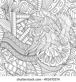 Tracery seamless calming pattern. Mehndi design. Ethnic monochrome binary doodle texture. Curved doodling black and white background. Vector.