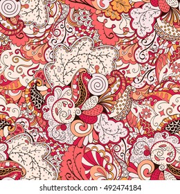 Tracery seamless calming pattern. Mehndi design. Ethnic colorful doodle texture. Curved doodling background. Vector.