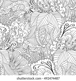 Tracery seamless calming pattern. Mehndi design. Ethnic monochrome binary doodle texture. Curved doodling black and white background. Vector.