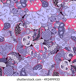 Tracery seamless calming pattern. Mehndi design. Ethnic colorful doodle texture. Curved doodling background. Vector.
