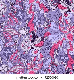 Tracery seamless calming pattern. Mehndi design. Ethnic colorful doodle texture. Curved doodling background. Vector.
