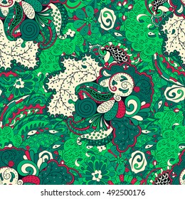 Tracery seamless calming pattern. Mehndi design. Ethnic colorful doodle texture. Curved doodling background. Vector.