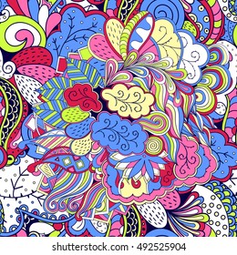 Tracery seamless calming pattern. Mehndi design. Ethnic colorful doodle texture. Curved doodling background. Vector.