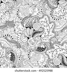 Tracery seamless calming pattern. Mehndi design. Ethnic monochrome binary doodle texture. Curved doodling black and white background. Vector.