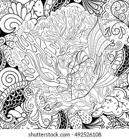 Tracery seamless calming pattern. Mehndi design. Ethnic monochrome binary doodle texture. Curved doodling black and white background. Vector.